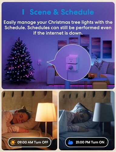 Christmas tree lights with schedule feature, showing day and night settings.