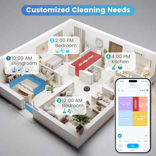 3D floor plan with cleaning schedule and smartphone app interface.