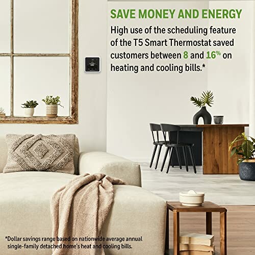 Living room with energy-saving thermostat advertisement.