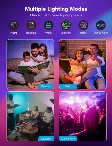 Image showing multiple lighting modes: night, reading, work, leisurely, relax, dance party, with photos depicting each mode.