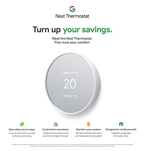 Nest Thermostat promotion highlighting features like energy saving, remote control, system monitoring, and DIY installation.