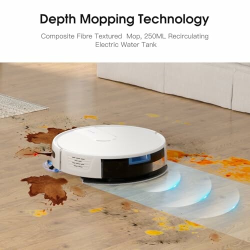 Robot vacuum cleaner demonstrating depth mopping on a wooden floor.