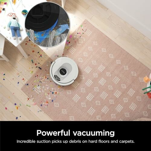 Robot vacuum cleaner picking up debris on a rug.