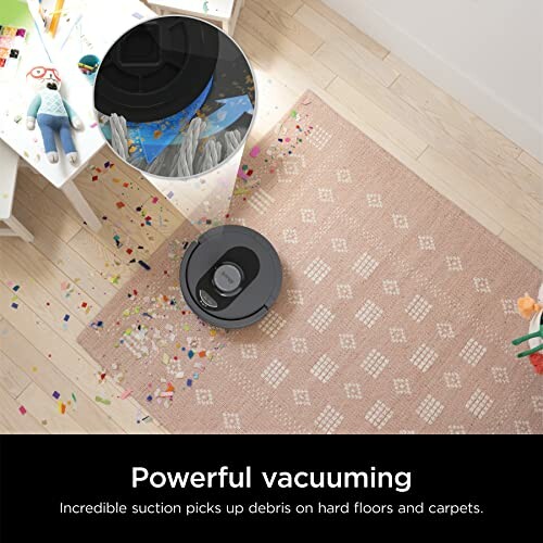 Robot vacuum cleaner picking up debris on a patterned rug in a child's play area.