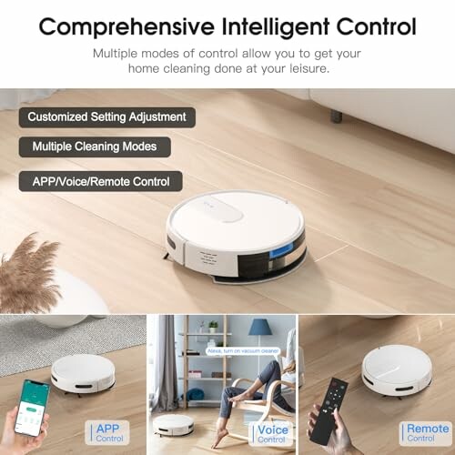 Robot vacuum with intelligent control options including app, voice, and remote.