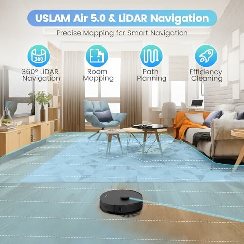 Robot vacuum with LiDAR mapping in a living room, highlighting features like room mapping and path planning.