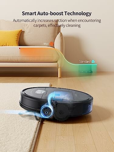 Robot vacuum demonstrating smart auto-boost technology on carpet.