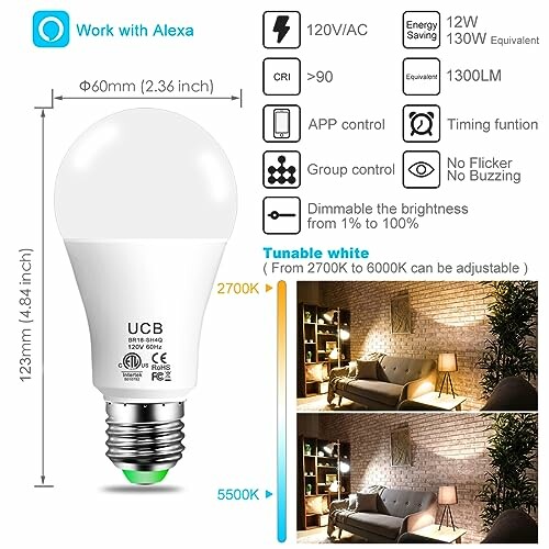 Smart LED bulb features including Alexa compatibility, energy saving, app control, and tunable white.