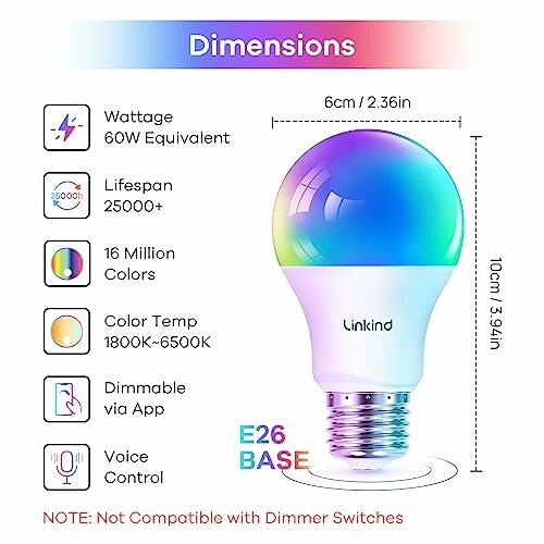 Smart light bulb specifications, including wattage, lifespan, color options, and more.