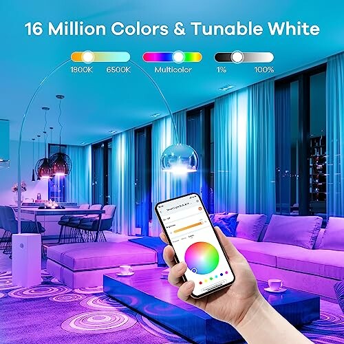 Hand holding smartphone controlling smart lighting in a modern living room.