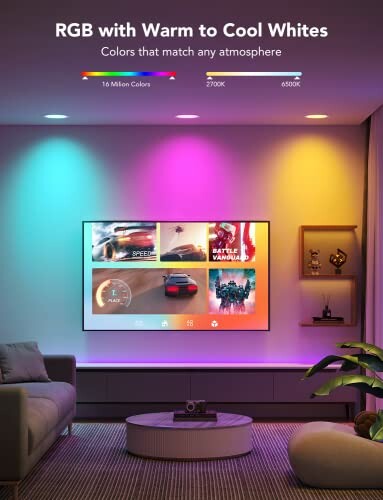 Living room with RGB lighting, wall-mounted TV, and a cozy atmosphere.