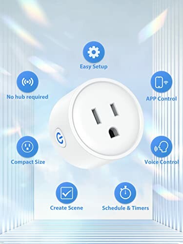 Smart plug features: no hub required, compact size, easy setup, app control, voice control, create scene, schedule and timers.