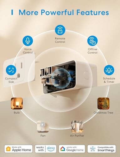 Smart plug features: voice control, remote control, offline control, compact size, schedule timer, compatibility with Apple Home, Alexa, Google Home, SmartThings.