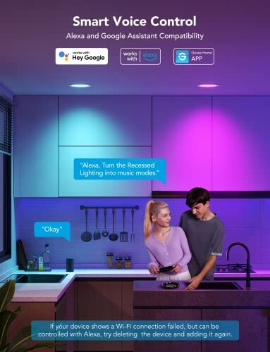 Couple using smart voice control for kitchen lighting with Alexa and Google Assistant compatibility.