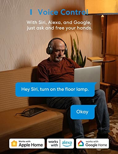 Man using laptop with voice control for smart home devices, featuring Apple Home, Alexa, and Google Home.