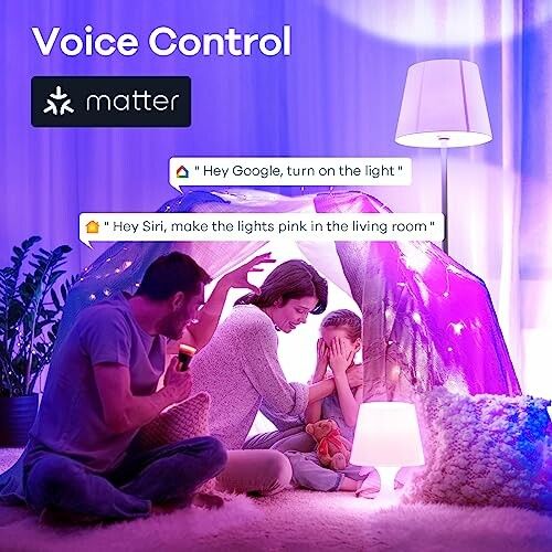 Family using voice control for smart home lighting.