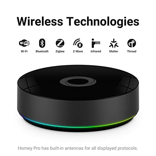 Wireless hub supporting multiple technologies: Wi-Fi, Bluetooth, Zigbee, Z-Wave, Infrared, Matter, Thread.